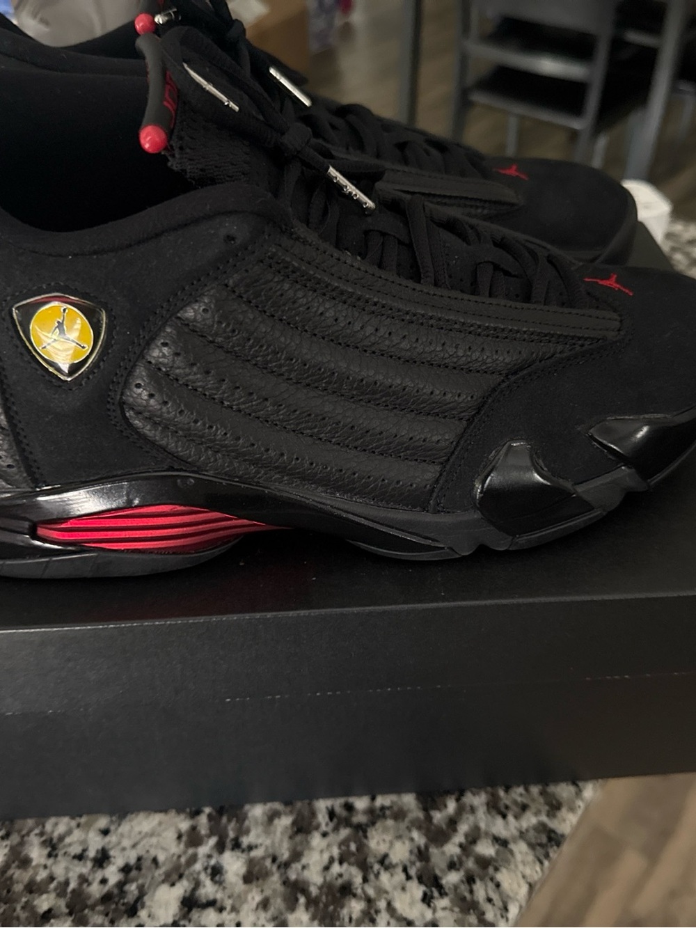 Jordan Men’s 14s last shot Black with Red Accent Retro Sneaker